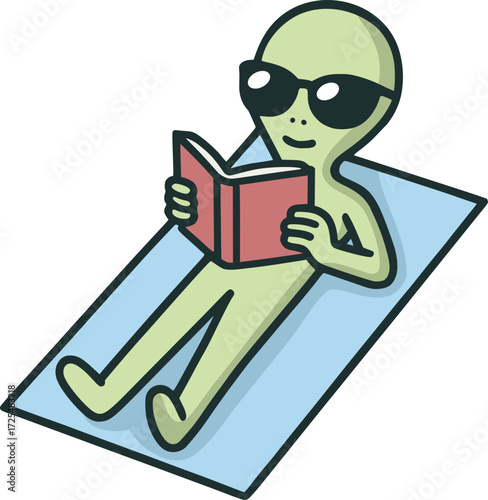 Funny alien reading book