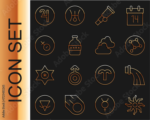 Set line Sun, Aquarius zodiac, Great Bear constellation, Telescope, Bottle of water, Venus symbol, Symbol Jupiter and Cloudy weather icon. Vector