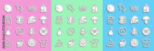 Set line Vegan shirt, Sprout, Mushroom, Leaf, No leather, Shopping bag with recycle, Lemon and Cheese icon. Vector