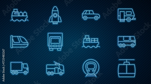 Set line Cable car, Bus, Car, Delivery cargo truck, Train and railway, Oil tanker ship, Cargo with boxes delivery and Rocket icon. Vector