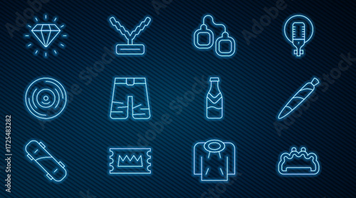 Set line Brass knuckles, Marijuana joint, spliff, Handcuffs, Wide pants, Vinyl disk, Diamond, Beer bottle and Rapper chain icon. Vector