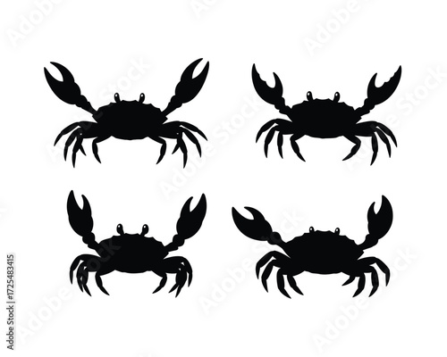 Four black silhouette crab illustrations facing different directions on a white background