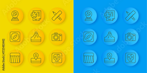 Set line Ground, Compass, Volcano, Archeology, Photo camera, Exhibition with minerals, rocks, Crossed ruler and pencil and Earth globe document icon. Vector