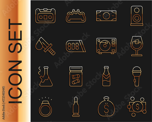 Set line Stacks paper money cash, Microphone, Wine glass, Drum machine music, Bloody knife, Retro audio cassette tape and Vinyl player with vinyl disk icon. Vector