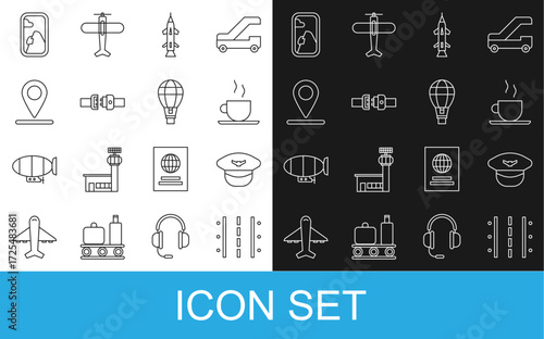 Set line Airport runway, Pilot hat, Coffee cup, Rocket, Safety belt, Location, Airplane window and Hot air balloon icon. Vector