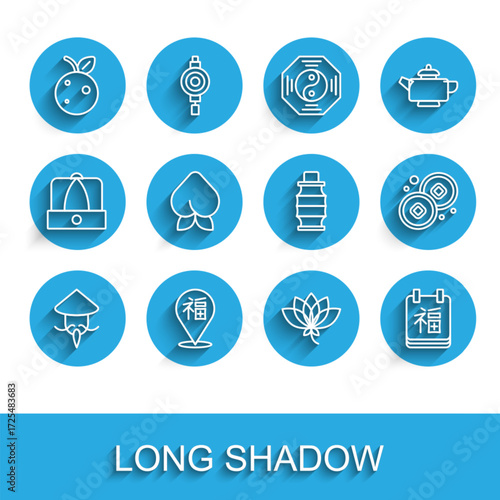 Set line Asian or Chinese conical straw hat, New Year, Peach fruit nectarine, Lotus flower, Yuan currency and paper lantern icon. Vector