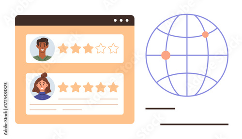 User profiles with star ratings in browser window beside a globe connecting points. Ideal for customer feedback, online reviews, global reach, user ratings, digital marketing, networking, simple flat