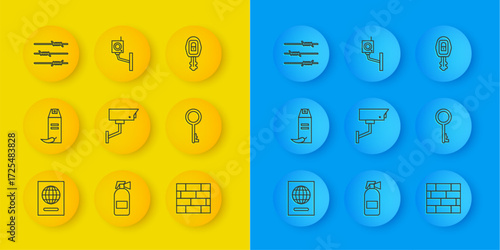 Set line Passport, Pepper spray, Security camera, Bricks, Old key, Barbed wire, Car with remote and icon. Vector