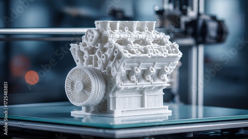 Prototype car engine printed from molten white plastic Threedimensional modeling on 3D printer Additive technology for modern industry