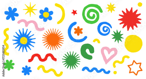 Illustration of colorful hand drawn doodle elements isolated on transparent background