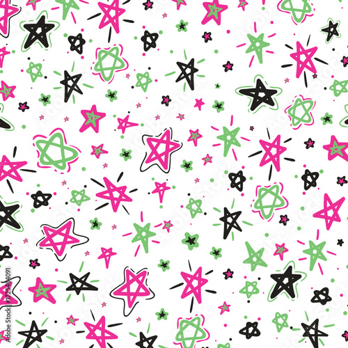 Hand drawn stars doodle seamless pattern. Hand drawn ink illustration. Simple background with stars for decoration.
