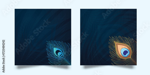 Stylish backgrounds featuring intricate peacock feather illustrations in vivid blue and classic gold. Perfect for invitations, social media, cultural events weddings and sophisticated design projects.