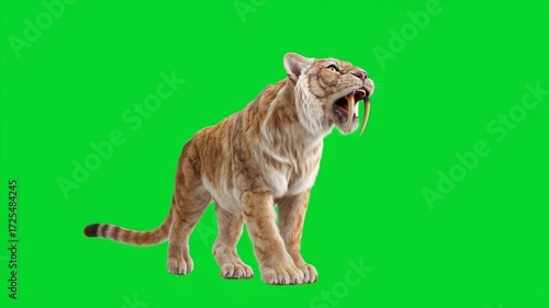 Roaring saber-toothed tiger on green screen