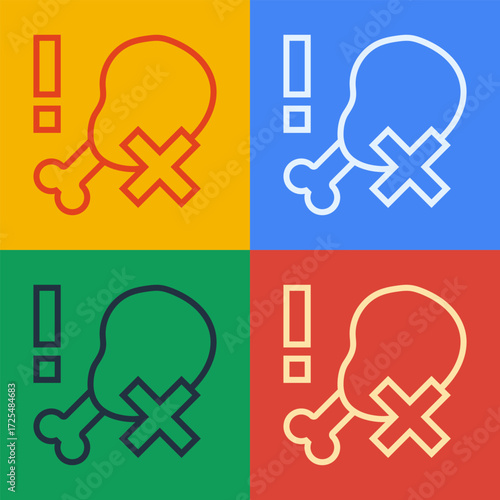 Pop art line No chicken leg icon isolated on color background. No fast food allowed - vegetarian food. Vector