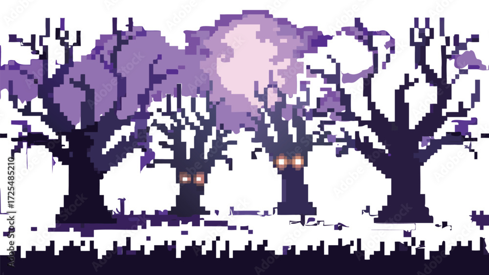 Obraz premium Haunted Forest 8-Bit Pixel Art Background. Seamless Looping Spooky Halloween Scene