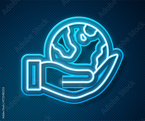 Glowing neon line Human hand holding Earth globe icon isolated on blue background. Save earth concept. Vector
