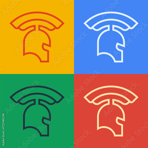 Pop art line Roman army helmet icon isolated on color background. Vector