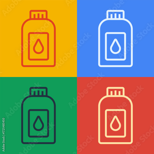 Pop art line Canister for motor machine oil icon isolated on color background. Oil gallon. Oil change service and repair. Vector