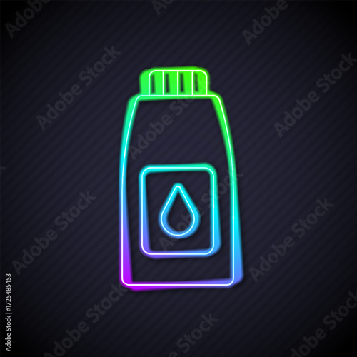 Glowing neon line Canister for motor machine oil icon isolated on black background. Oil gallon. Oil change service and repair. Vector
