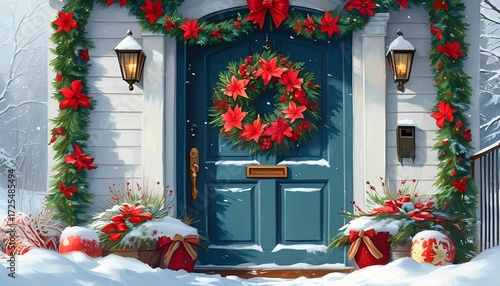 Festive holiday door decor winter wonderland decorative image snowy environment close-up view christmas spirit