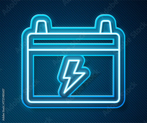 Glowing neon line Car battery icon isolated on blue background. Accumulator battery energy power and electricity accumulator battery. Vector