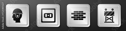 Set Worker safety helmet, Electrical outlet, Bricks and Road barrier icon. Silver square button. Vector