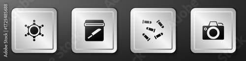 Set Hexagram sheriff, Evidence bag with knife, Bullet and Photo camera icon. Silver square button. Vector