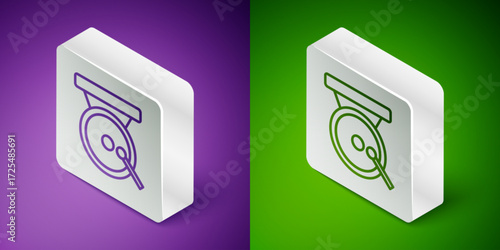 Isometric line Boxing gong icon isolated on purple and green background. Boxing bell. Silver square button. Vector