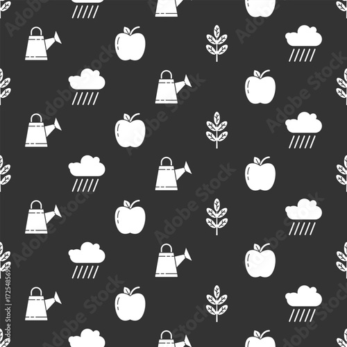 Set Leaf or leaves, Cloud with rain, Watering can and Apple on seamless pattern. Vector