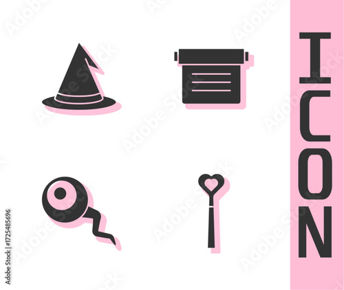 Set Magic wand, Witch hat, Eye and Ancient magic book icon. Vector