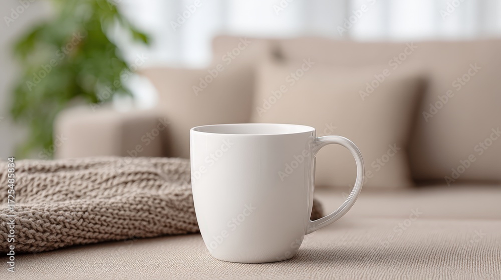 Fototapeta premium Elegant White Ceramic Coffee Mug on Cozy Couch with Soft Textures and Natural Lighting in Living Room