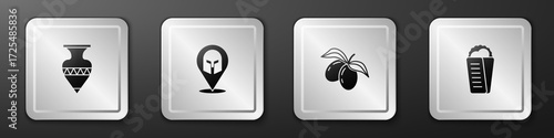 Set Ancient amphorae, Greek helmet, Olives branch and Gyros Pita icon. Silver square button. Vector