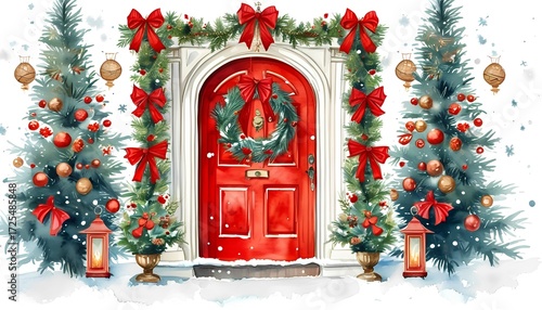 Festive christmas decor at a charming red door holiday scene winter wonderland warm atmosphere vibrant colors cheerful spirit