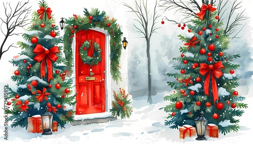 Winter wonderland holiday decor festive home entrance illustrative artwork snowy scene front view christmas spirit