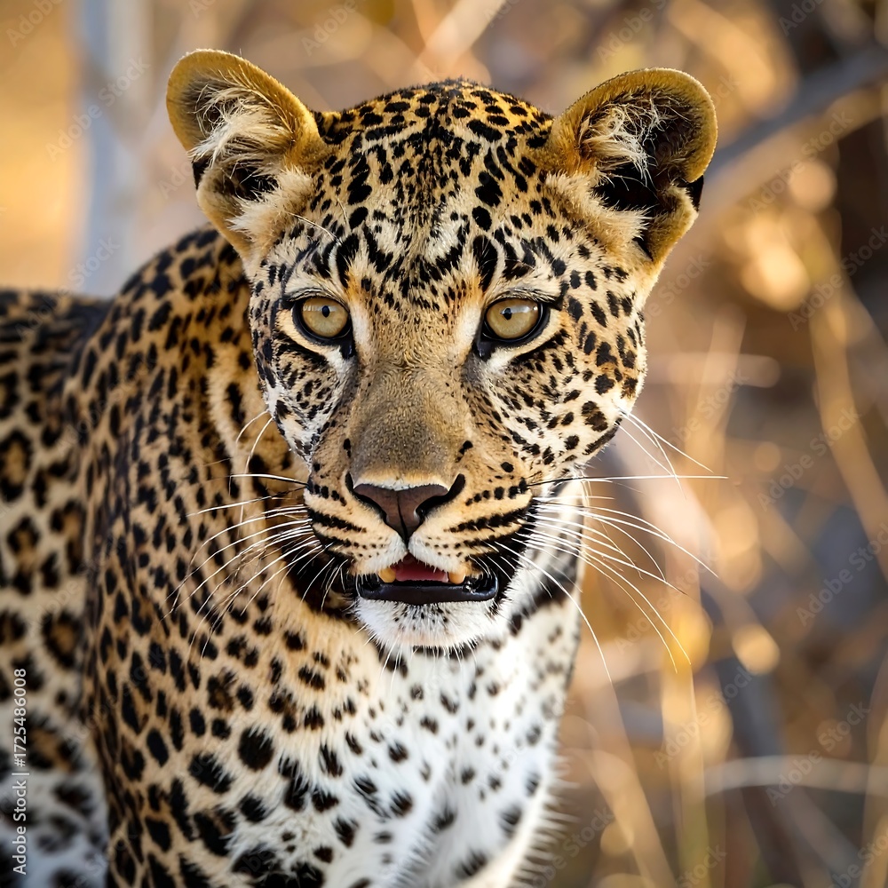 Obraz premium Close-up portrait of a leopard, facing the camera, in a natural setting