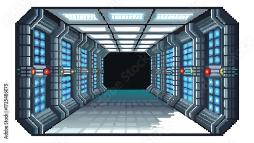 Spaceship Corridor 8-Bit Pixel Art Background. Seamless Looping Futuristic Side-View