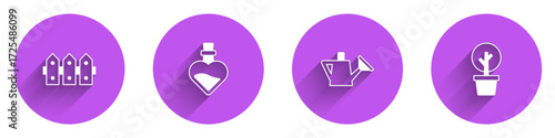 Set Garden fence wooden, Bottle with love potion, Watering can and Forest icon with long shadow. Vector