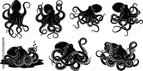 Octopus silhouettes, showcasing various tentacle arrangements and dynamic movements