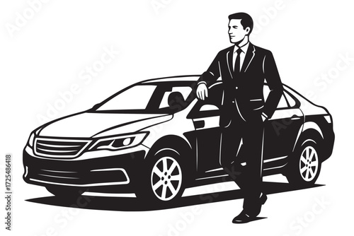 Elegant man standing beside modern car black and white vector illustration