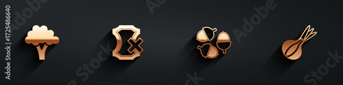 Set Broccoli, No leather, Acorn and Onion icon with long shadow. Vector