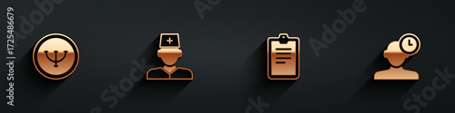 Set Psychology, Male doctor, Psychological test and Insomnia icon with long shadow. Vector