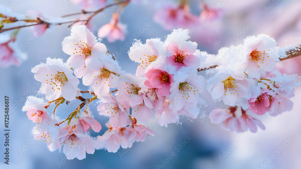 Obraz premium A beautiful branch of pink cherry blossoms covered in sparkling snow, a magical winter scene with ice crystals on flowers, a symbol of unexpected beauty and the clash of seasons, a vibrant nature back