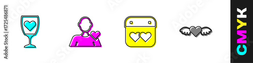 Set Glass of champagne, Romantic man, Calendar with heart and Heart wings icon. Vector