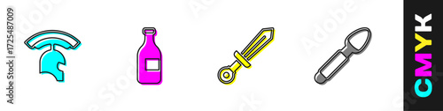 Set Roman army helmet, Bottle of wine, Medieval sword and Silver spoon icon. Vector