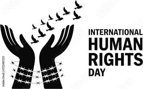 Hands reaching up with birds flying free from barbed wire symbolizing freedom and human rights