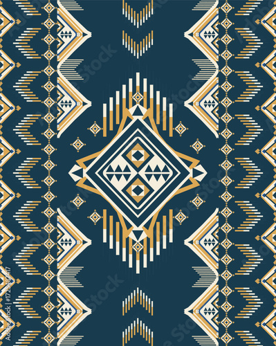 Geometric Ethnic pattern, tile, carpet, vector, illustration design on navy background.