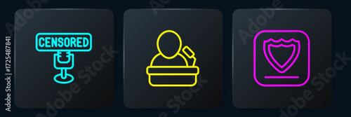 Set line Censored stamp, Shield and Speaker. Black square button. Vector
