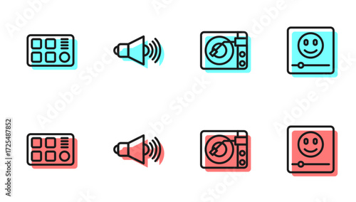 Set line Vinyl player with vinyl disk, Drum machine, Speaker volume and Music icon. Vector