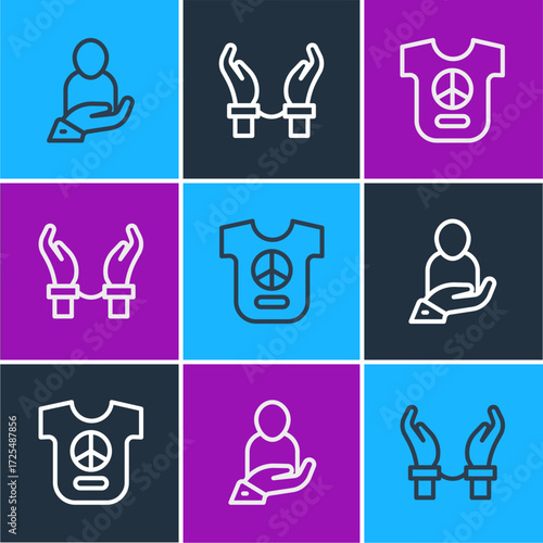 Set line Life insurance in hand, Peace and Handcuffs on hands of criminal icon. Vector