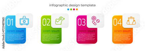 Set line First aid kit, Heart with dog, Medicine pill or tablet and Trash can. Business infographic template. Vector